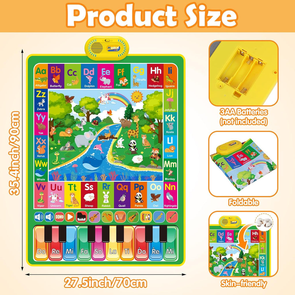 Juguetes para bebés para regalos de 1 año: tapete de juego de música de piano animal con alfabeto 3 en 1