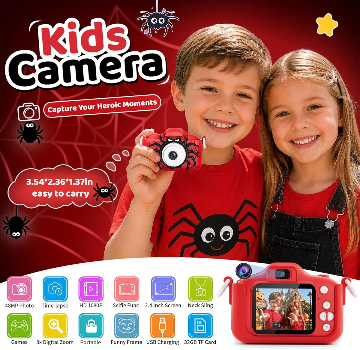 Desuccus Spider Toys - Cámara digital de 48 MP para niños