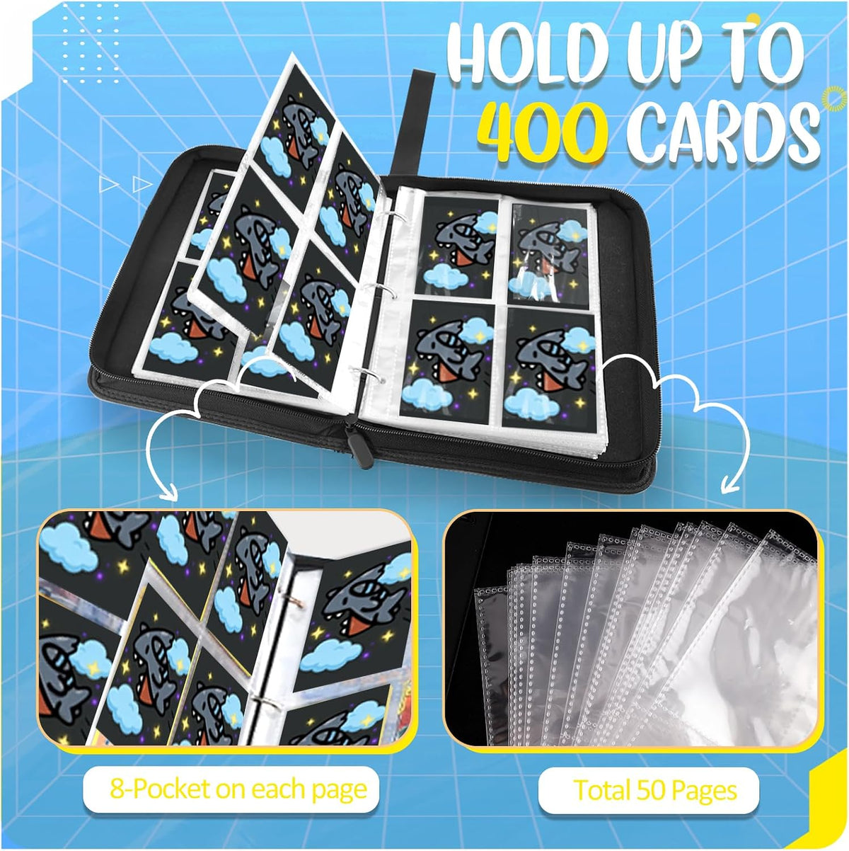 Carpeta de tarjetas de 4 bolsillos, soporte para tarjetas intercambiables para 400 tarjetas con 50 fundas extraíbles, tarjeta de colección portátil, libro de tarjetas de juego con cremallera para