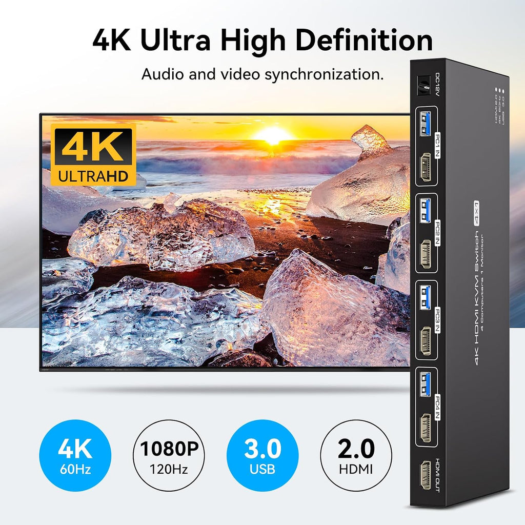 Conmutador KVM HDMI 4 computadoras EDID 4K@60Hz 4 puertos KVM para 4 PC compartiendo 1 monitor y 4 dispositivos USB 3.0 con controlador