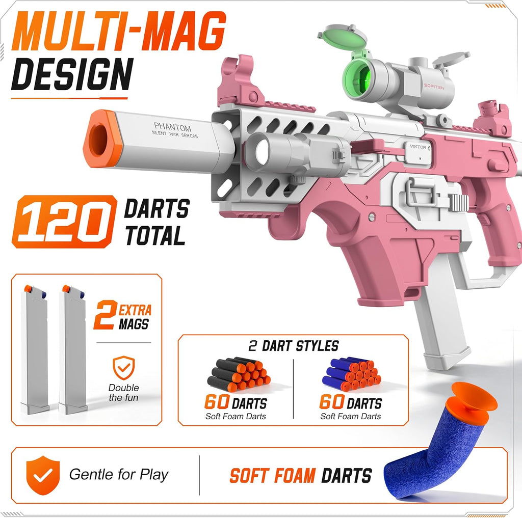 SOFITEN Pistola de juguete con rifle de francotirador automático con kit de chaleco táctico, juguete de alcance, juguetes de dardos de espuma con 120 dardos IR y linterna, juego de actividades al aire libre, regalo de cumpleaños y Navidad para niños a par