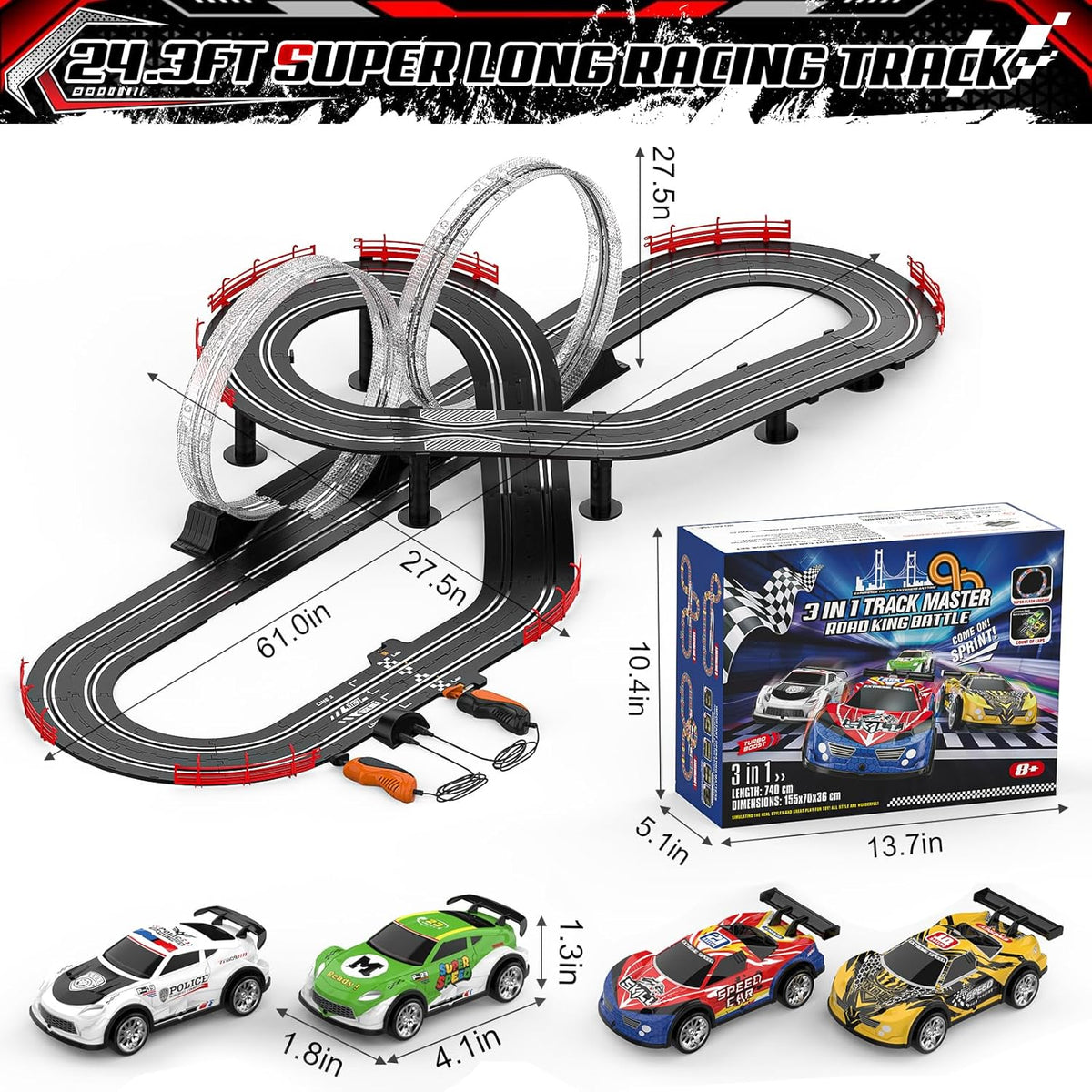 Juego de pista de carreras de ranura 3 en 1 con 4 coches de ranura de alta velocidad, pista de carreras eléctrica que incluye pistas de destello de paso elevado circular, juguetes de regalo de juego