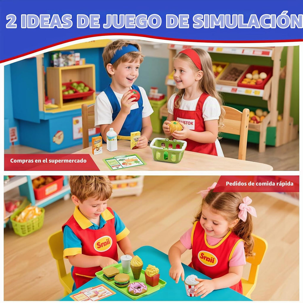 Caja registradora de madera recargable para niños, juguetes educativos para niños en color azul