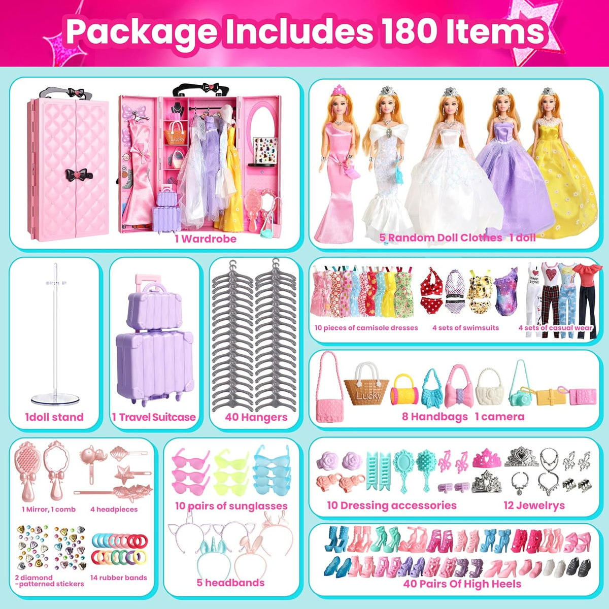 UCanaan Juego de ropa y accesorios para muñecas de 180 piezas, 180 unidades rosa