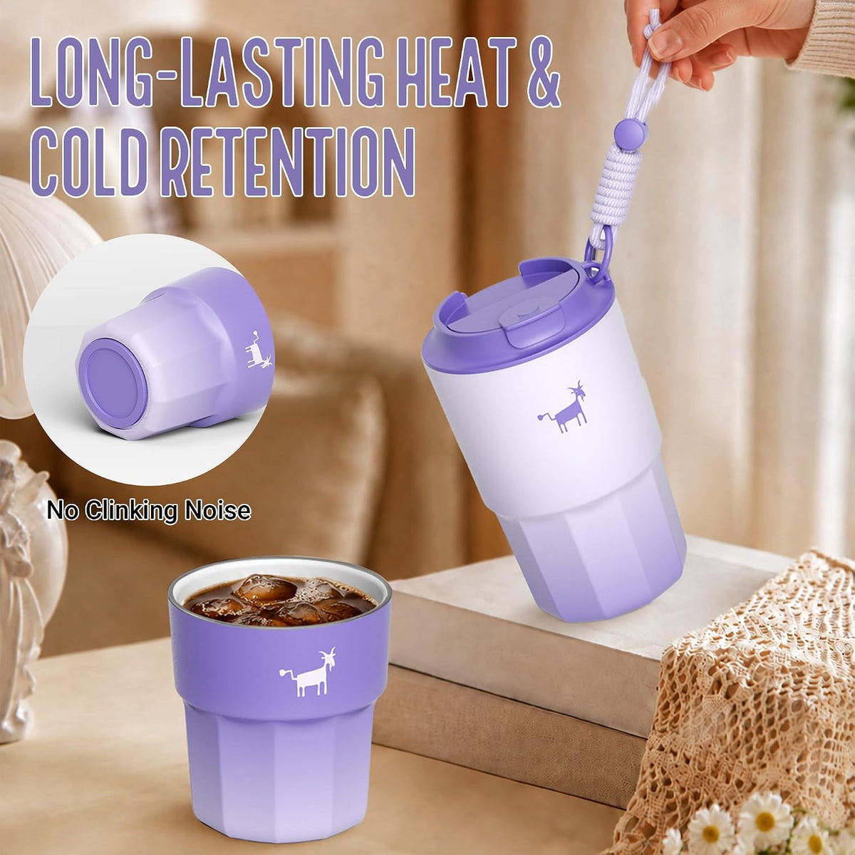CHEERFUL GOAT Taza de café con forro de cerámica, vaso aislado de viaje de acero inoxidable con forro de cerámica, con tapa, taza a prueba de fugas de 10 onzas para café con agua caliente y fría en