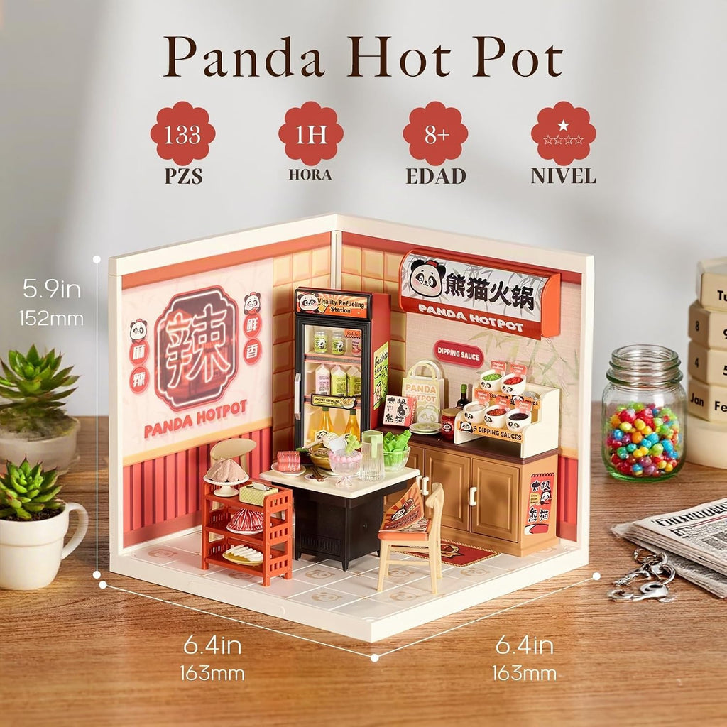 Rolife Super Creator - Juego de construcción de casas de plástico en miniatura con LED, adecuado para figuras pequeñas, juguetes de construcción, kit de diorama, regalos para adolescentes y adultos (Panda Hot Pot)