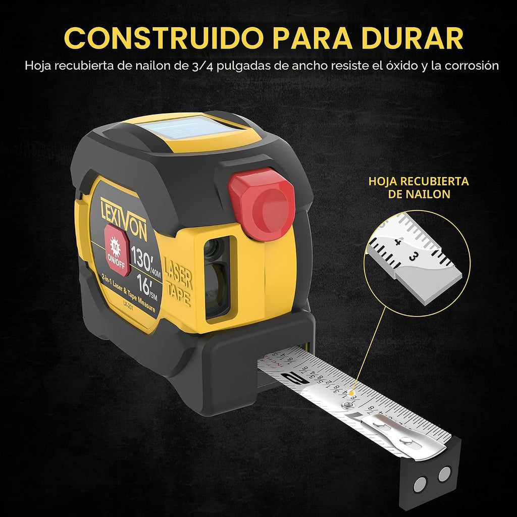 LEXIVON Cinta métrica láser digital 2 en 1 | Medidor de distancia láser de 40 m con pantalla LCD retroiluminada con cinta métrica AutoLock de 16 pies/5 m | Ft/pulgada/fracciones/M/mm (LX-201)