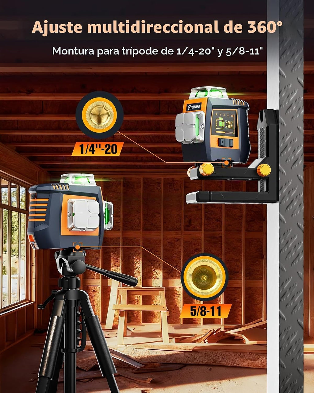 CIGMAN Nivel láser de control de gestos con pantalla lateral, 3 líneas autonivelantes verdes de 360°, línea de gestos manos libres y control de brillo, modo estroboscópico, 2 baterías de iones de
