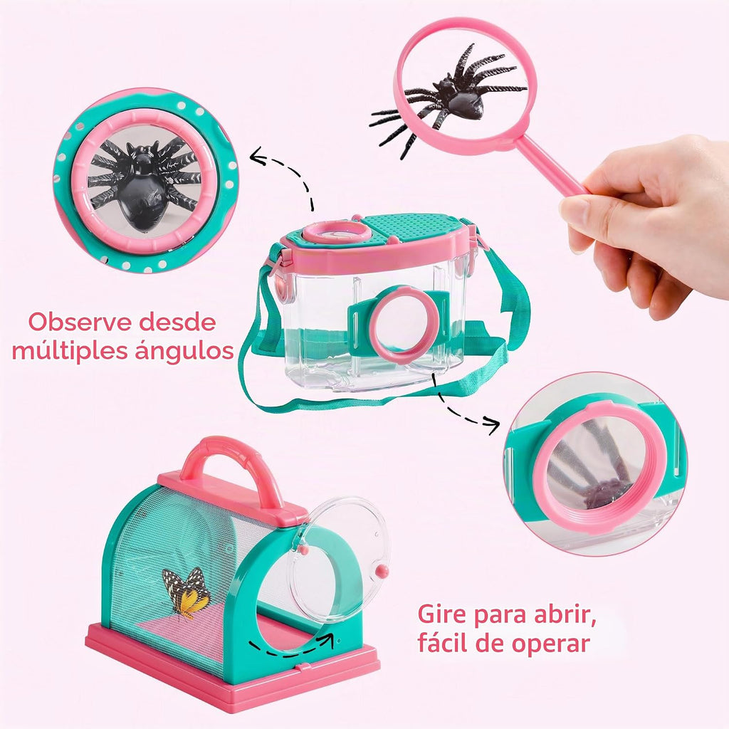 ROBOTIME Kit explorador para niños y kit de atrapador de insectos para niños, kit de 10 piezas para atrapar insectos al aire libre con lupa y red, juego de aventura para patio trasero y campamento, regalo divertido para niñas de 3 a 12 años (rosa)