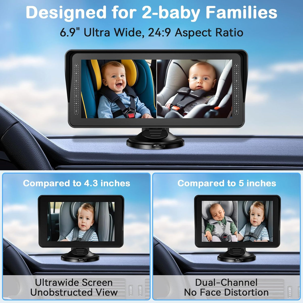 Cámara dual de coche para bebé para 2 niños pantalla