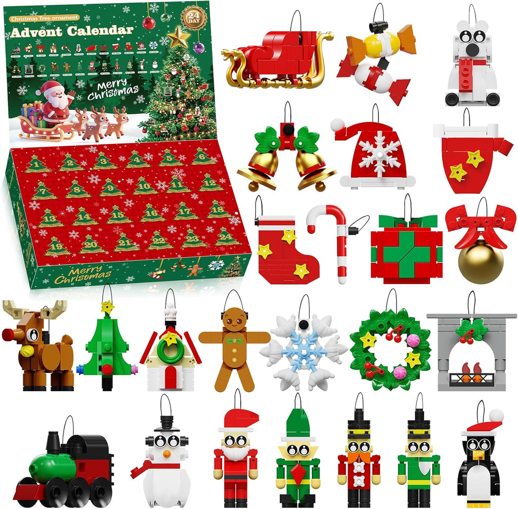 Calendario de Adviento 2026, adornos de Navidad, juego de construcción compatible con Lego, corona de Papá Noel, pan de jengibre, reno, juguete de construcción 24 en 1, cuenta regresiva de 24 días para juguetes de Navidad, regalos para niños y niñas