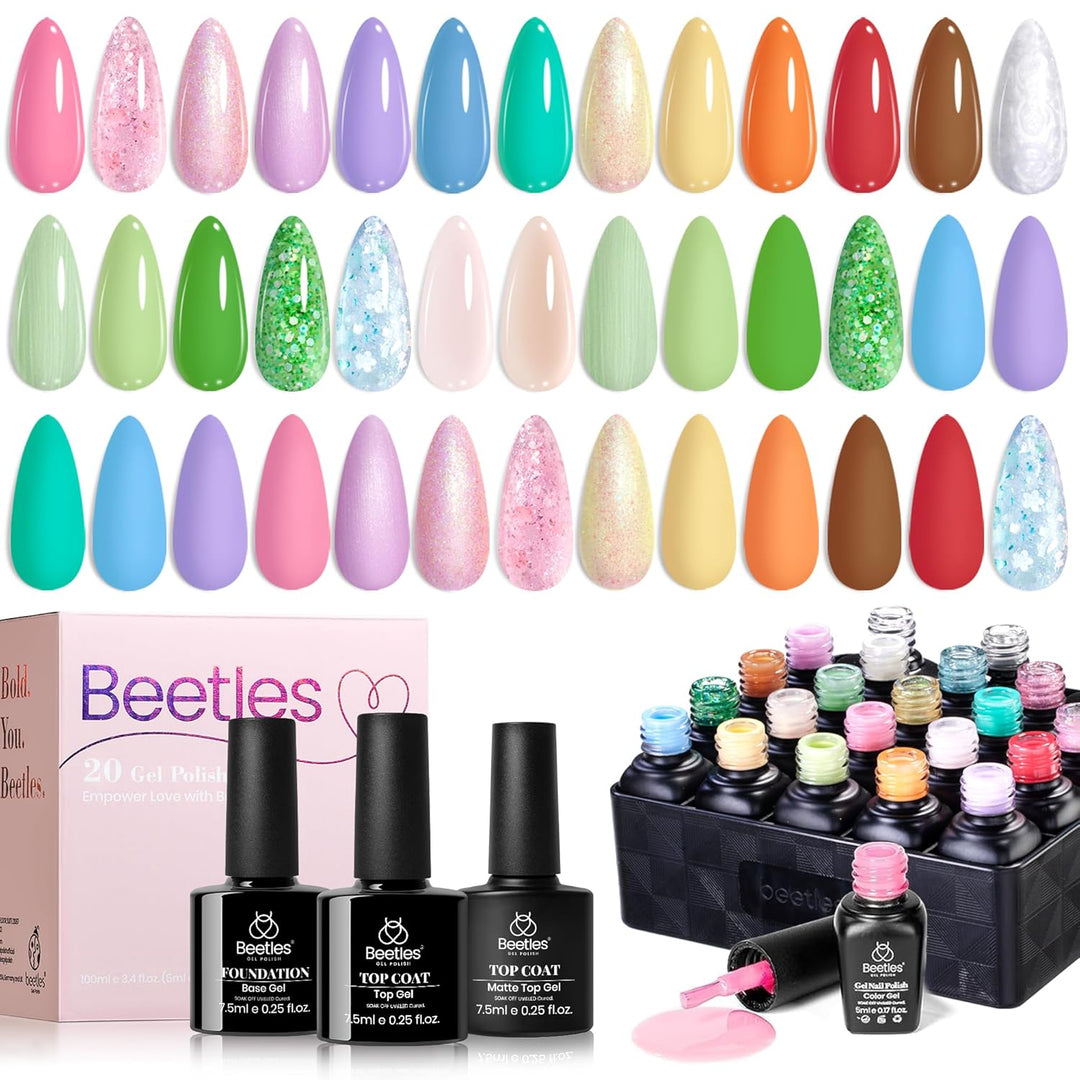 Beetles - Juego de 20 esmaltes de uñas de gel pastel con capa base...