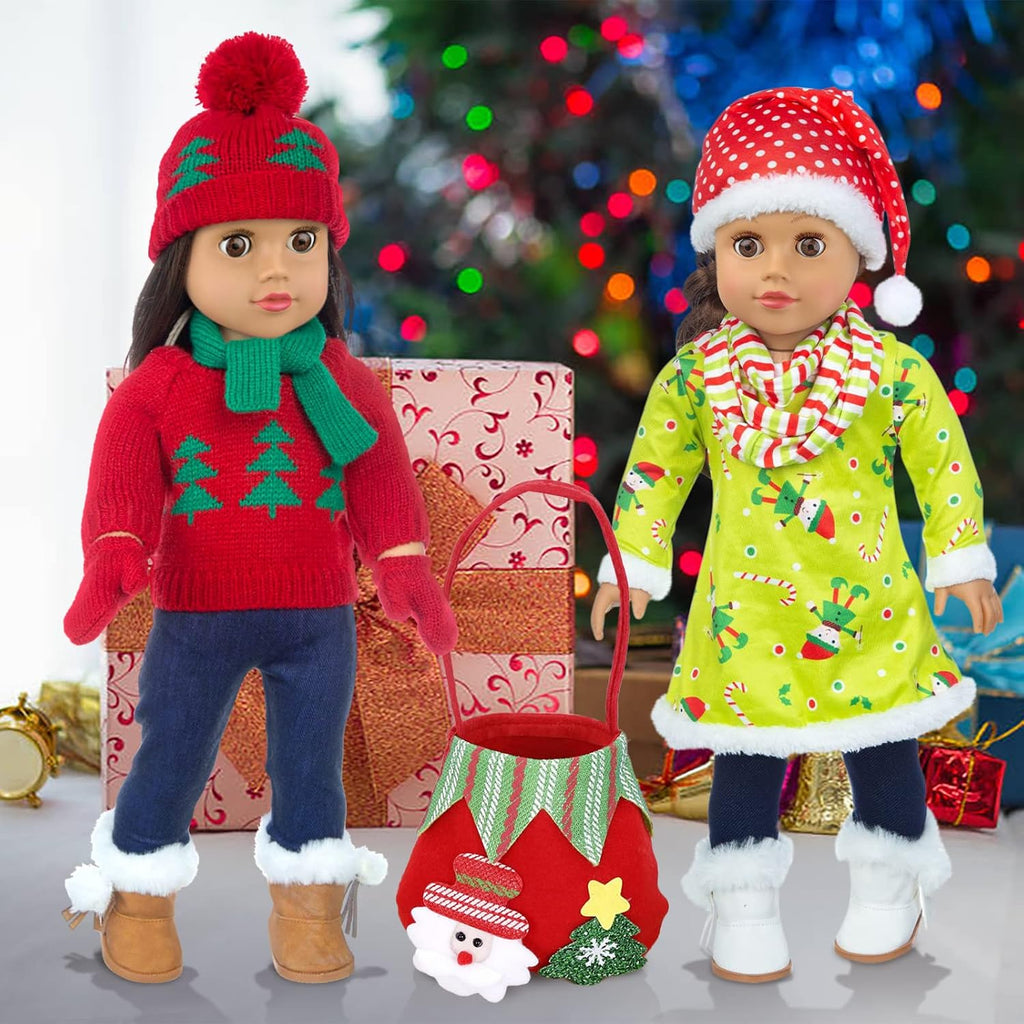 UNICORN ELEMENT 2 juegos de ropa y accesorios para muñecas de Navidad de 18 pulgadas, disfraz de Papá Noel de Navidad, incluyendo vestido de Navidad, suéter, horquilla, sombrero, bufanda, botas, etc