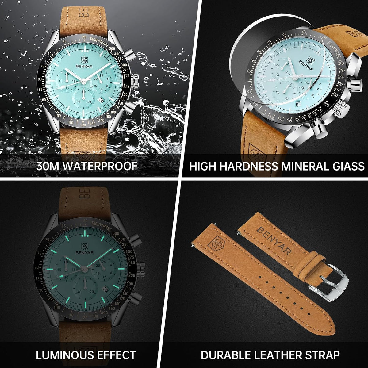 BENYAR Relojes de pulsera para hombre, cronógrafo analógico, de cuarzo, impermeables, para negocios, trabajo, casual, deportivo, con calendario