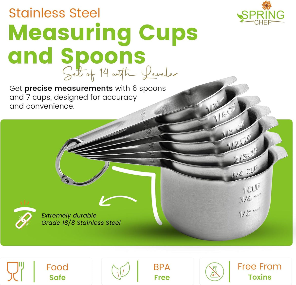 Spring Chef Juego de 14 tazas y cucharas medidoras de acero inoxidable