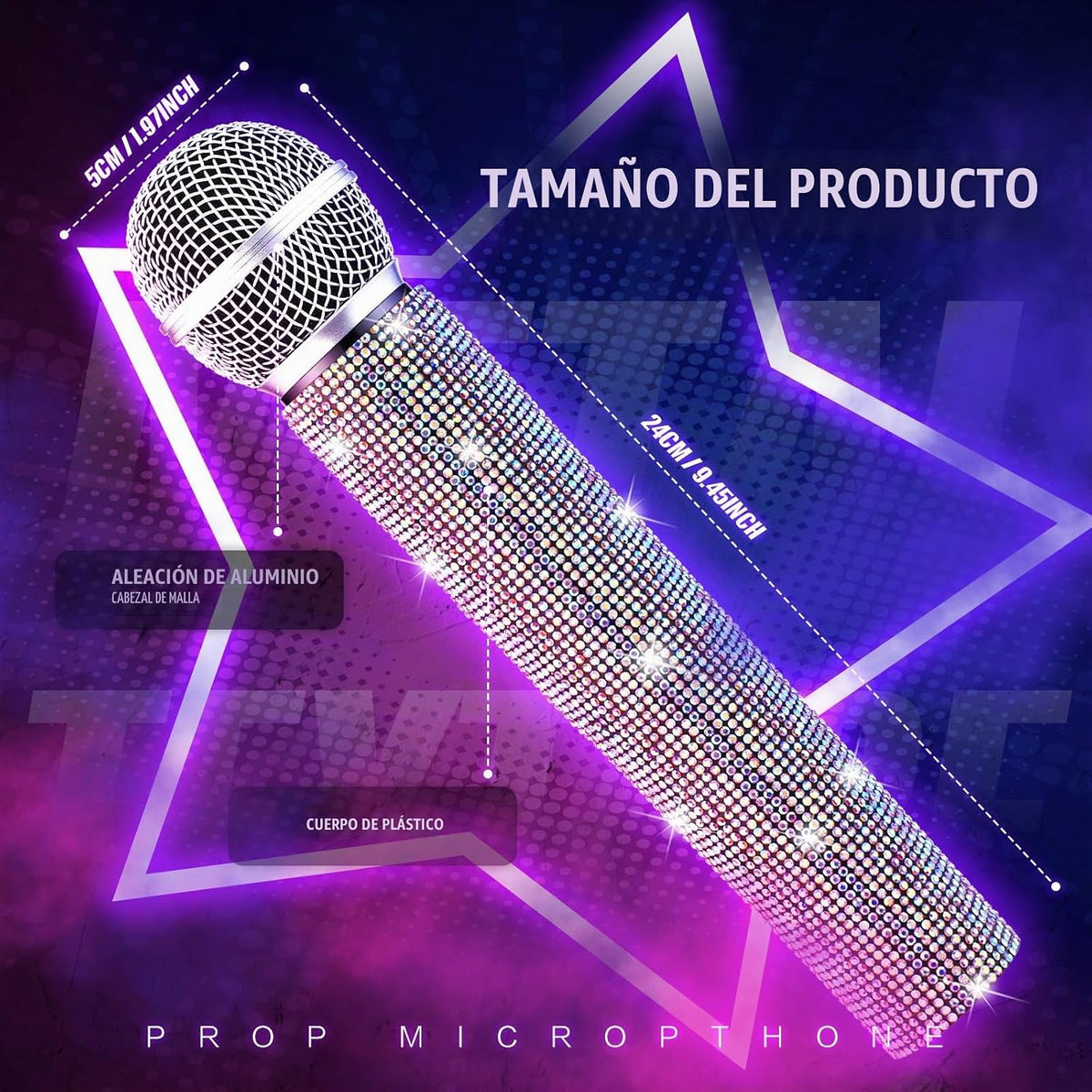 Micrófono falso con diamantes de imitación brillantes, micrófono de juego de plástico con purpurina para disfraz de fiesta de cosplay (color AB)