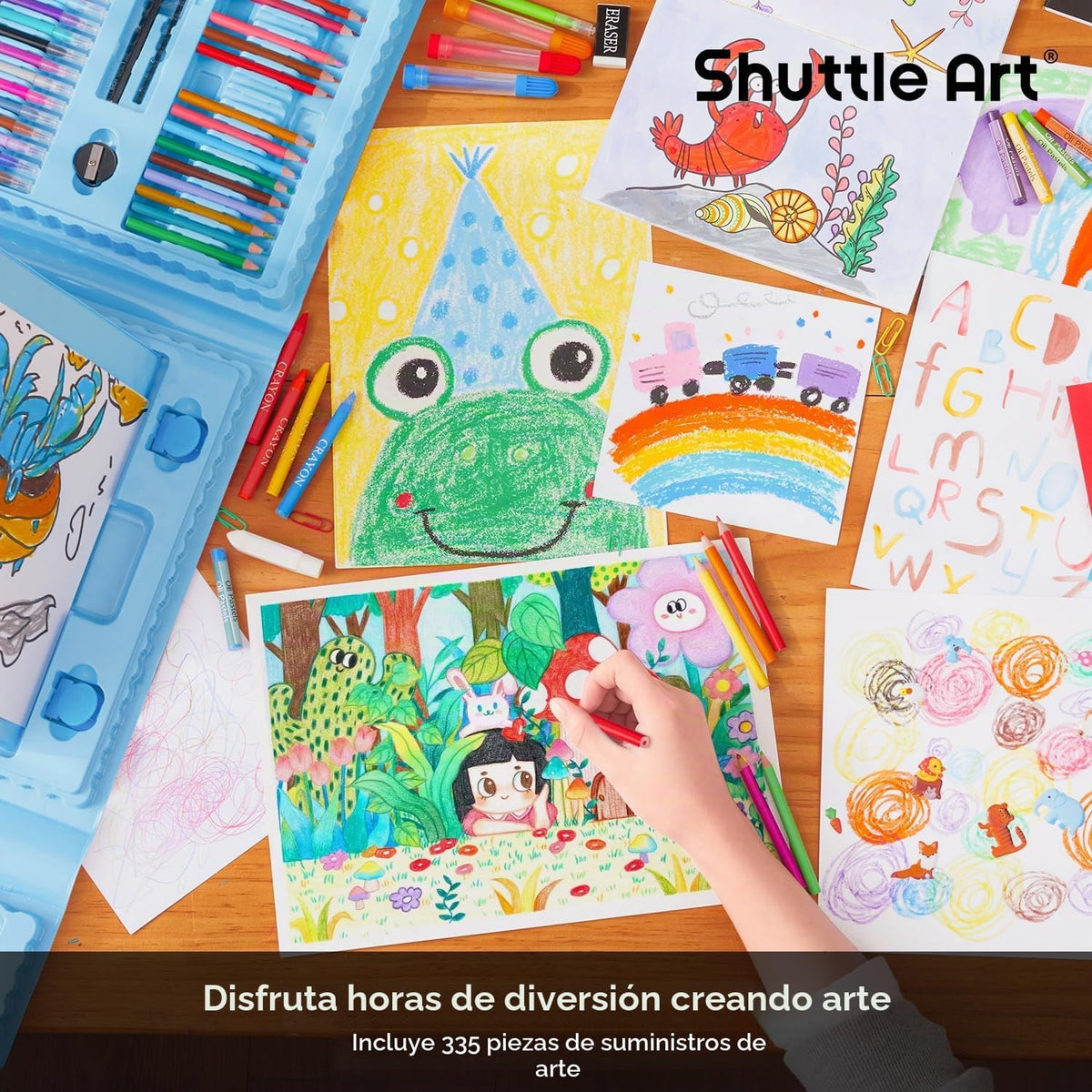 Shuttle Art Juego de Arte para Niños de 335 Piezas, Suministros de Arte Multimedia, Kit de Arte de Regalo con Caballete Tríptico, 2 Blocs de Dibujo, 2 Libros para Colorear, Pasteles al Óleo, Crayones