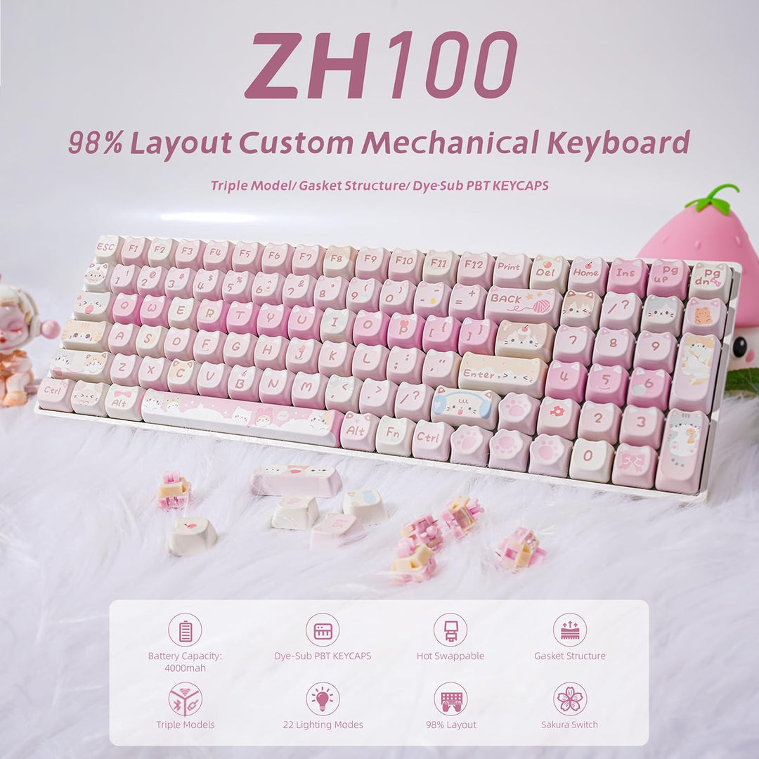 ZORNHER ZH100 Wireless Cat Mechanical Keyboard,98% Pink Cute Creamy...