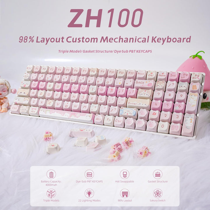 ZORNHER ZH100 Wireless Cat Mechanical Keyboard,98% Pink Cute Creamy...