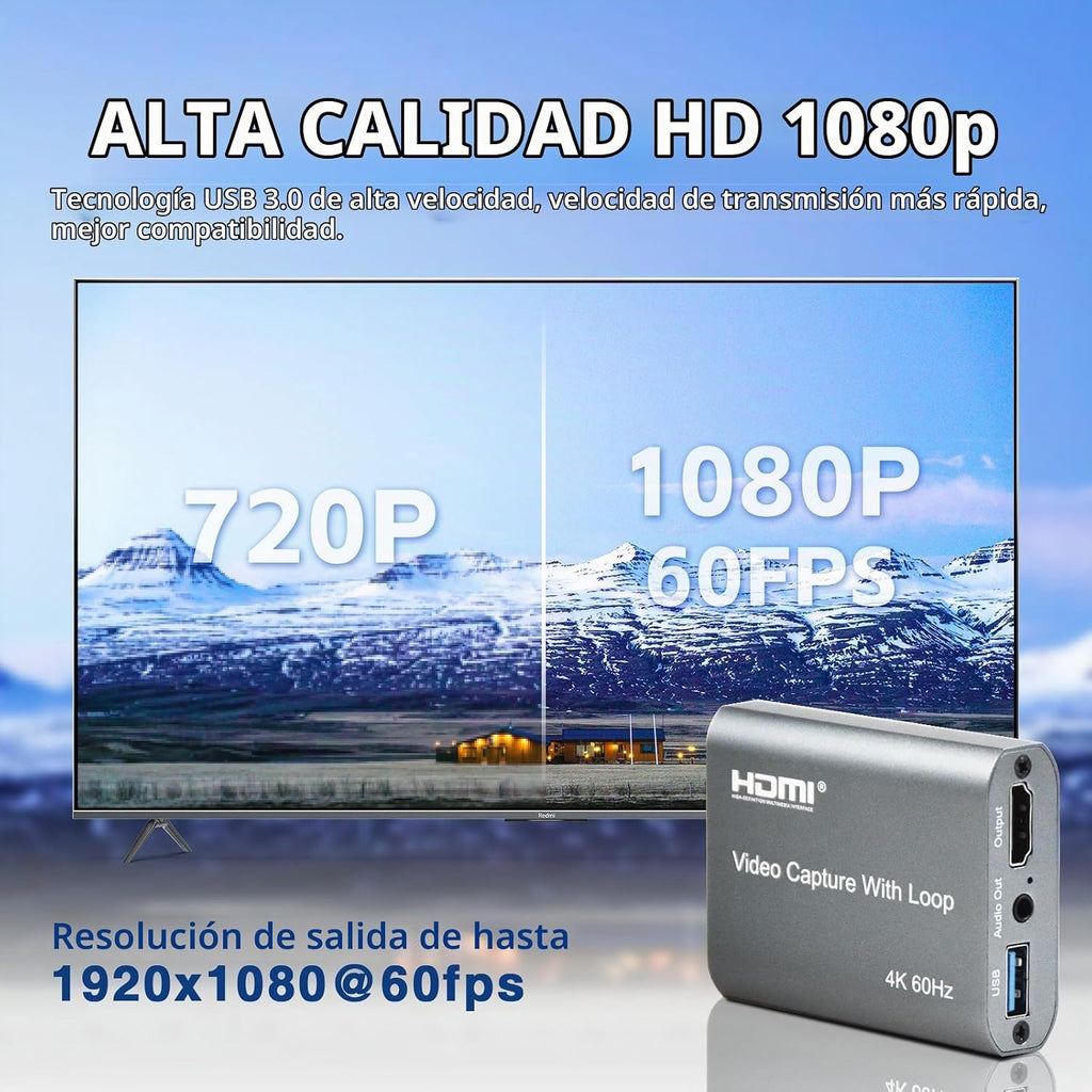 Tarjeta de captura HDMI USB 3.0 con entrada y bucle 4K60, captura de juegos de latencia ultra baja 1080P60 para transmisión, Plug & Play con entrada de micrófono/audio, compatible con PS5/Xbox/Switch/PC/OBS