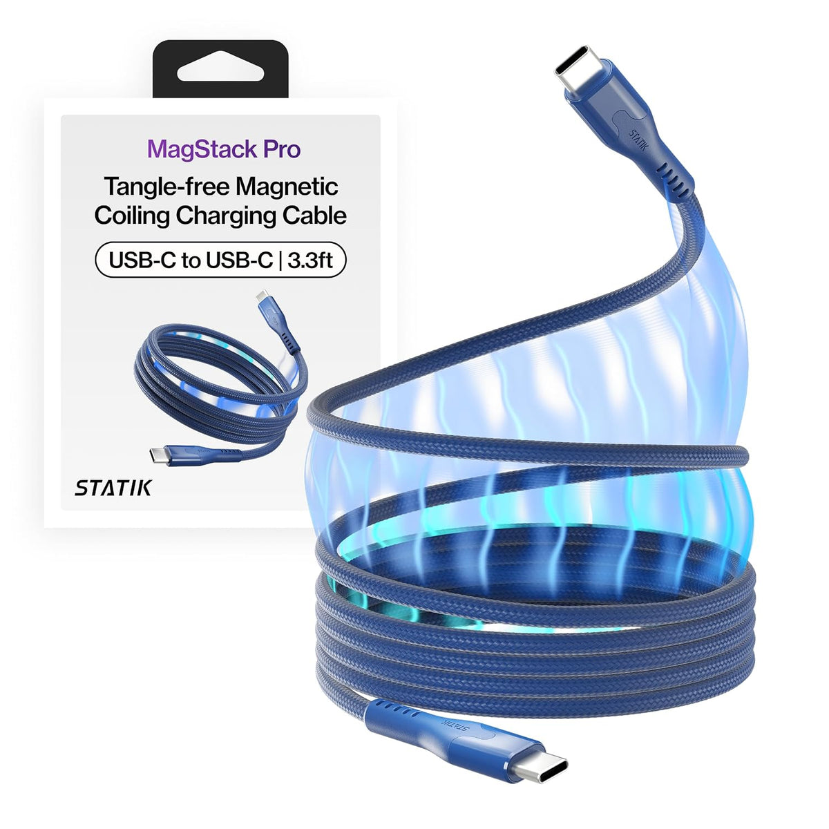 Statik MagStack Pro - Cable de carga magnético USB C a USB C, 100 W, diseño trenzado de nailon sin enredos, bobina magnética, transferencia de datos, compatible con iPhone y Android, 3 pies