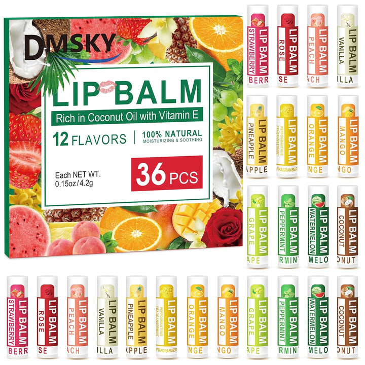 DMSKY Paquete de 36 bálsamos labiales, bálsamo labial natural a gra...