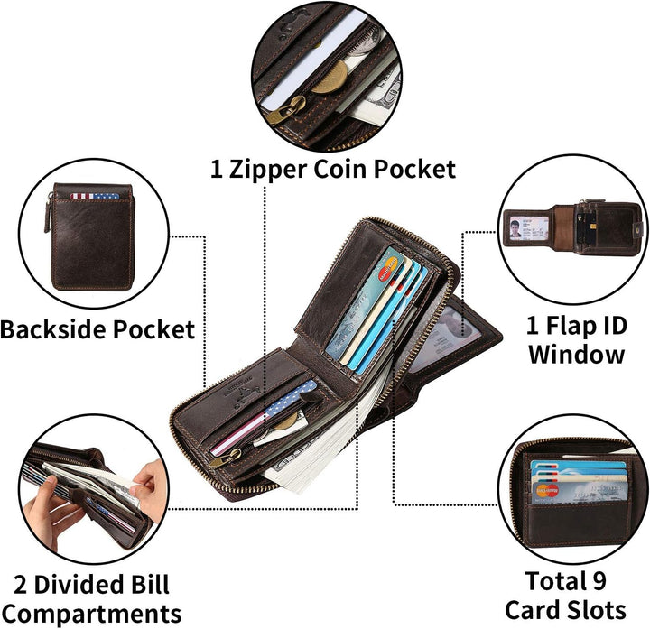 MING CLAN Billetera plegable de cuero con bloqueo RFID para hombres...