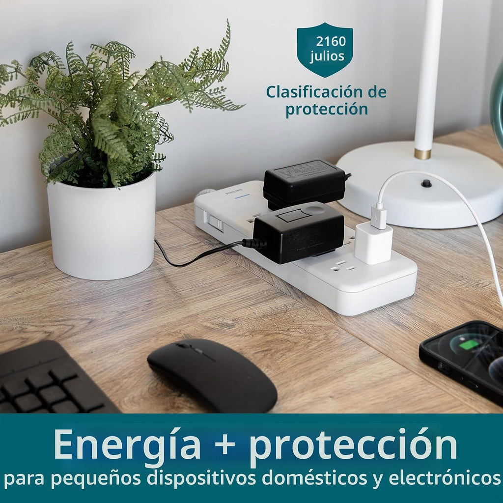 Philips Regleta protectora de sobretensiones, cable de extensión trenzado