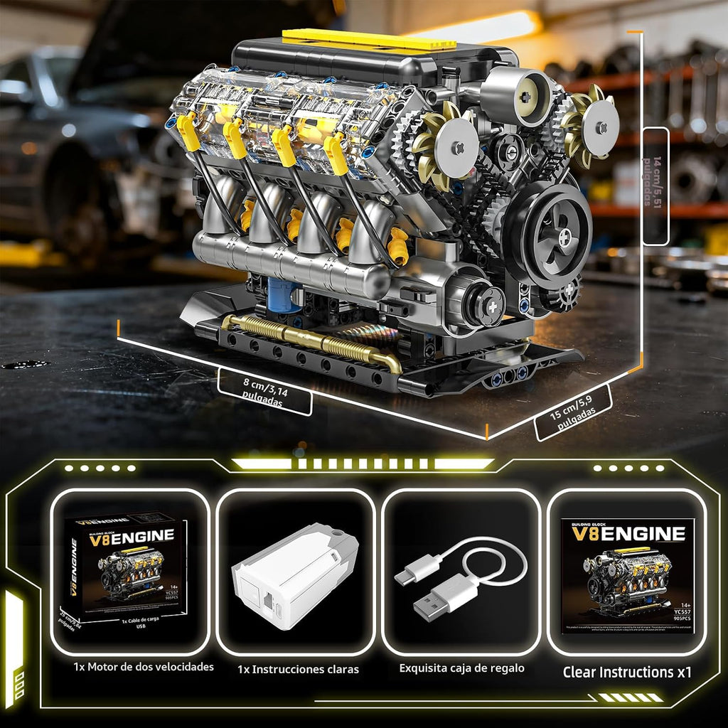V8 Kit de modelo de motor que funciona, juego de bloques de construcción visibles para adultos, compatible con Lego, juguete educativo STEM de ciencia física para adolescentes y niños mayores de 14 años (905 piezas)