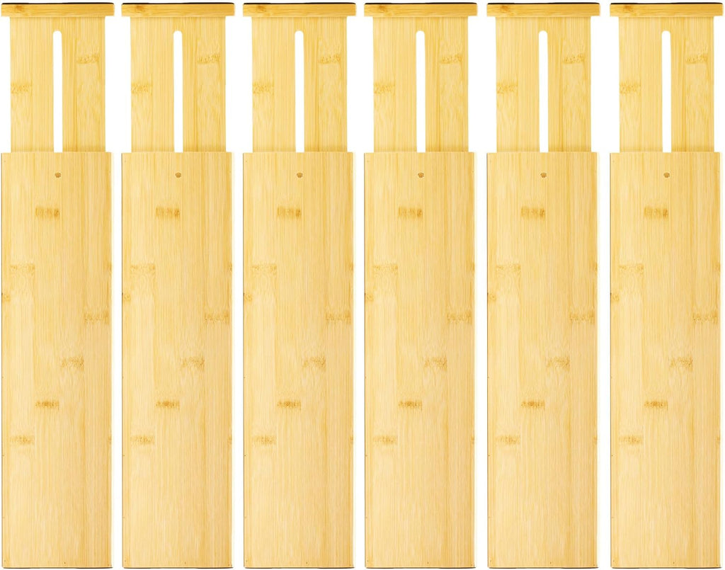 VaeFae Paquete de 6 separadores de cajones de bambú, 4 pulgadas de alto ajustables de 11.9-17.1 pulgadas, separadores expandibles para dormitorio, baño, cocina, oficina