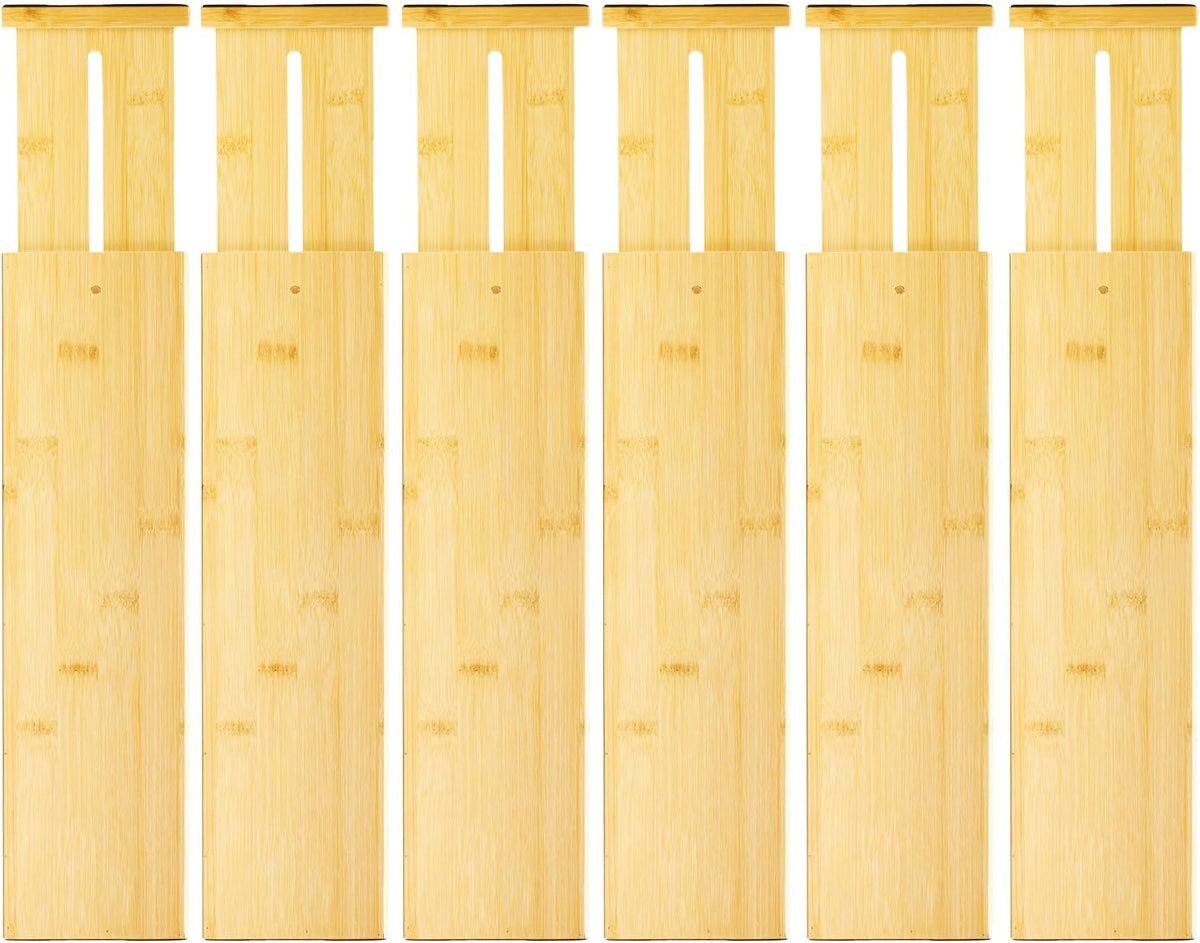 VaeFae Paquete de 6 separadores de cajones de bambú, 4 pulgadas de alto ajustables de 11.9-17.1 pulgadas, separadores expandibles para dormitorio, baño, cocina, oficina