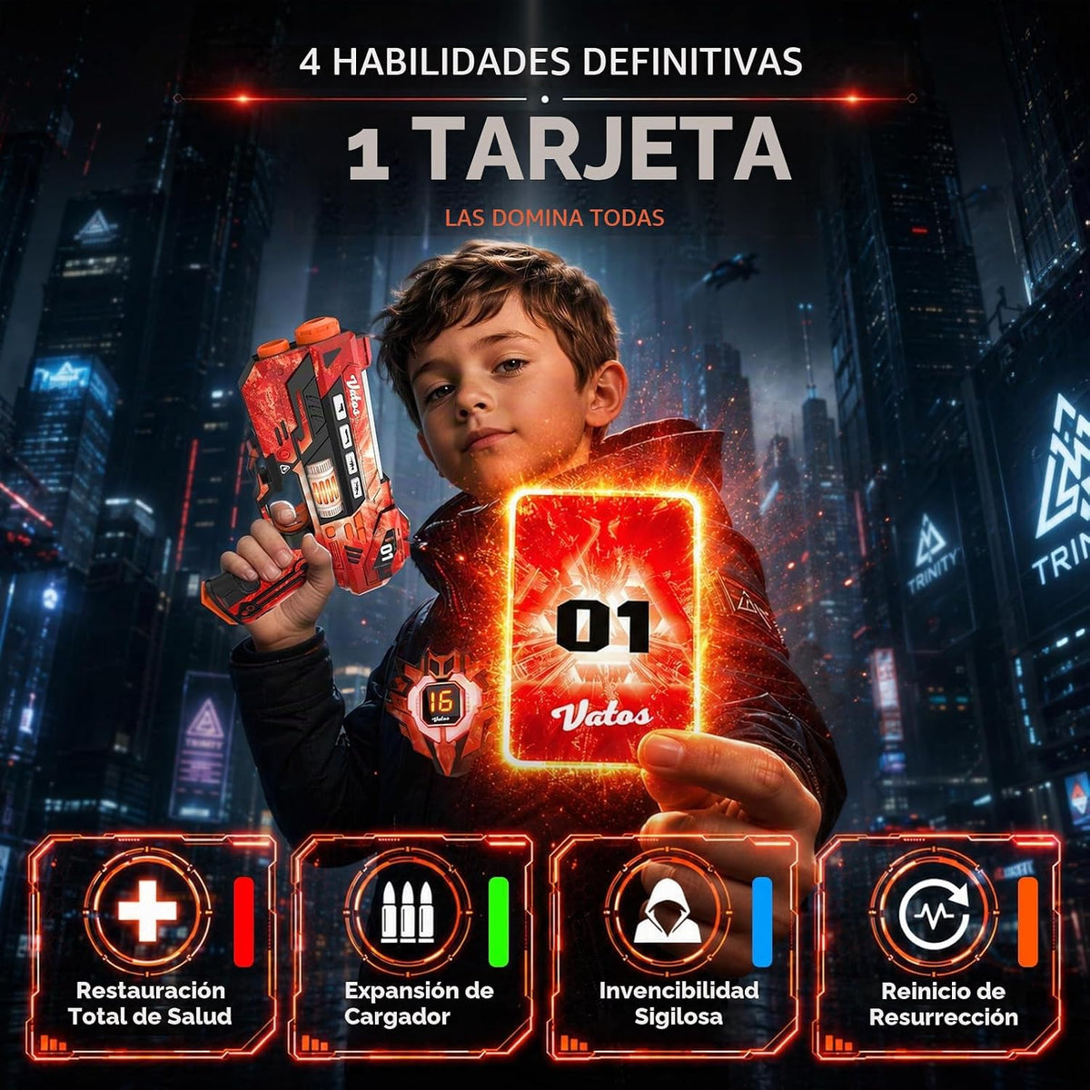 VATOS Juego de etiquetas láser con sensor de 360° con estación de carga y tarjetas de energía, pistolas láser recargables para 4 jugadores con pantalla LCD y sincronización en tiempo real de 2.4 GHz