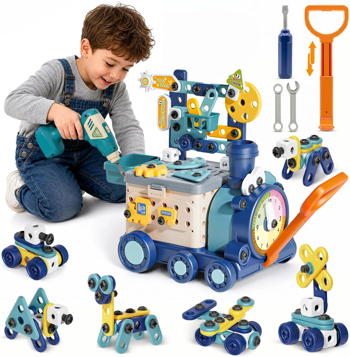 Juego de construcción de trenes con taladro de juguete, juego de