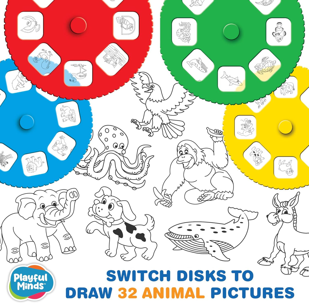 Proyector de dibujo para niños de 3 años en adelante, el kit de proyector de rastreo preescolar incluye 32 dibujos de animales en 4 discos resistentes, 8 crayones y 1 bloc de papel de dibujo para un divertido aprendizaje basado en juegos