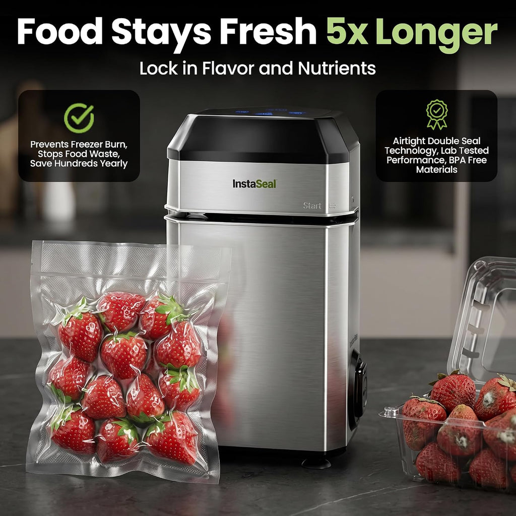 Sellador al vacío InstaSeal para alimentos con 12 bolsas, conserva los alimentos 5 veces más tiempo, diseño vertical compacto que ahorra espacio que permite que la máquina selle con calor adobos