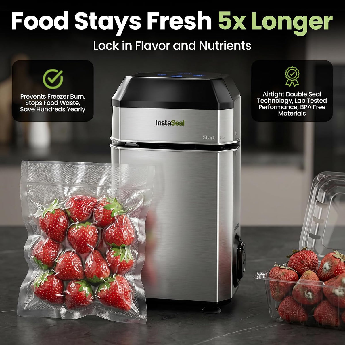 Sellador al vacío InstaSeal para alimentos con 12 bolsas, conserva los alimentos 5 veces más tiempo, diseño vertical compacto que ahorra espacio que permite que la máquina selle con calor adobos