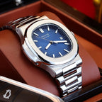 ROCOSJEWE Reloj de vestir azul de lujo clásico reloj mecánico automático de los hombres reloj de pulsera resistente al agua fecha visualización luminosa dial pulsera de acero inoxidable regalo para