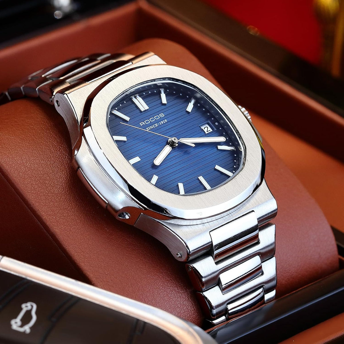 ROCOSJEWE Reloj de vestir azul de lujo clásico reloj mecánico automático de los hombres reloj de pulsera resistente al agua fecha visualización luminosa dial pulsera de acero inoxidable regalo para