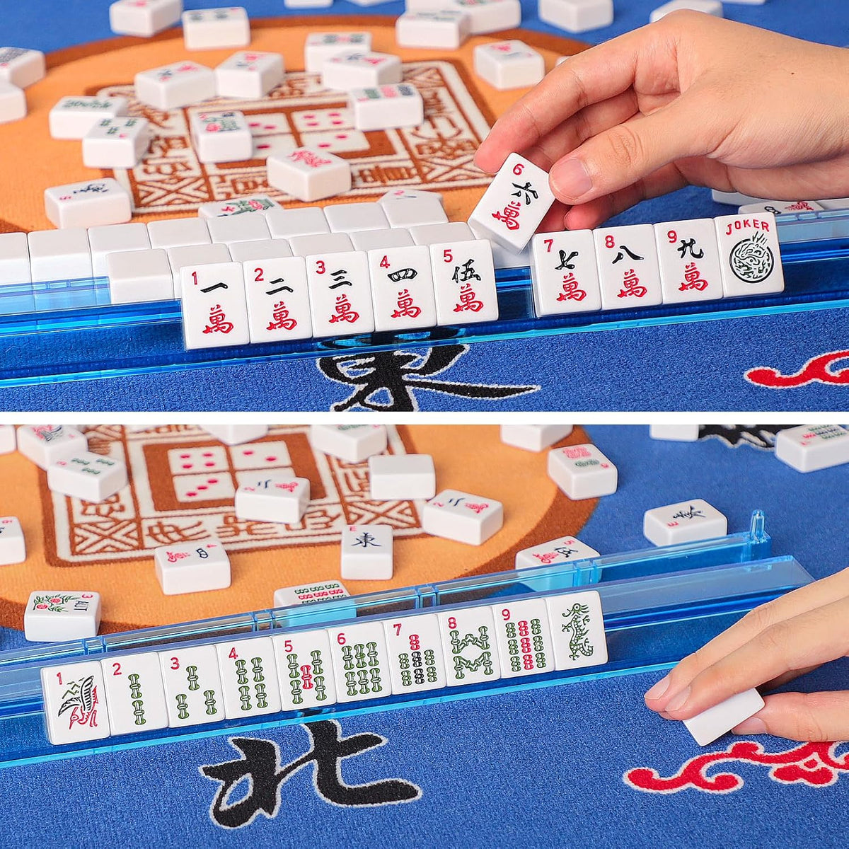 Juego de Mahjong Americano GUSTARIA, 166 Azulejos Blancos de Calidad, 4 Estante/Empujadores de Color Todo en Uno, Juego de Azulejos Mahjong con Bolsa de Transporte Azul Impresa