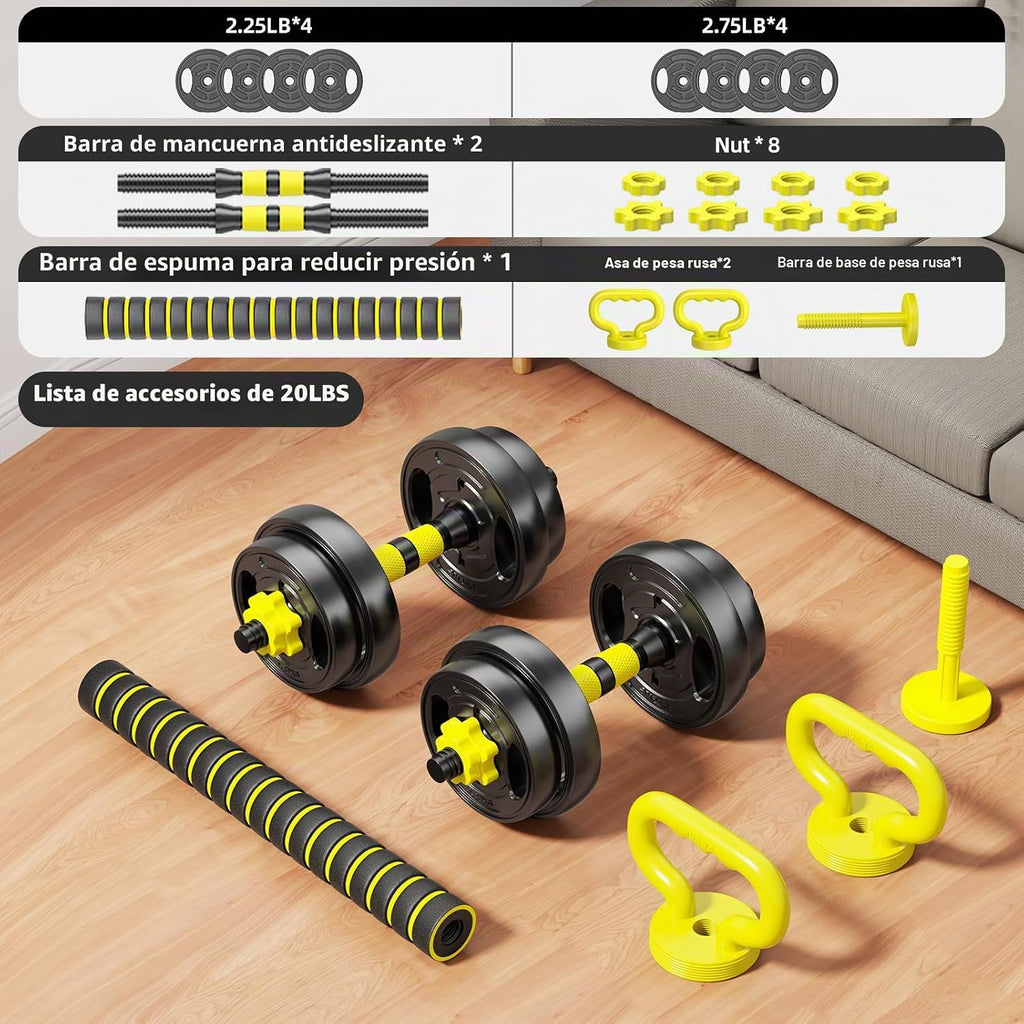 Juego de mancuernas ajustables, pesas libres de 10 a 90 libras con conector – mancuernas 4 en 1, barra, pesa rusa y soporte para flexiones, juego de pesas ajustables para gimnasio en casa