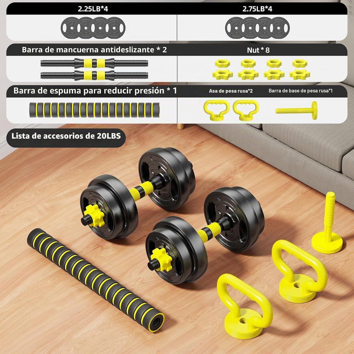 Juego de mancuernas ajustables, pesas libres de 10 a 90 libras con conector – mancuernas 4 en 1, barra, pesa rusa y soporte para flexiones, juego de pesas ajustables para gimnasio en casa