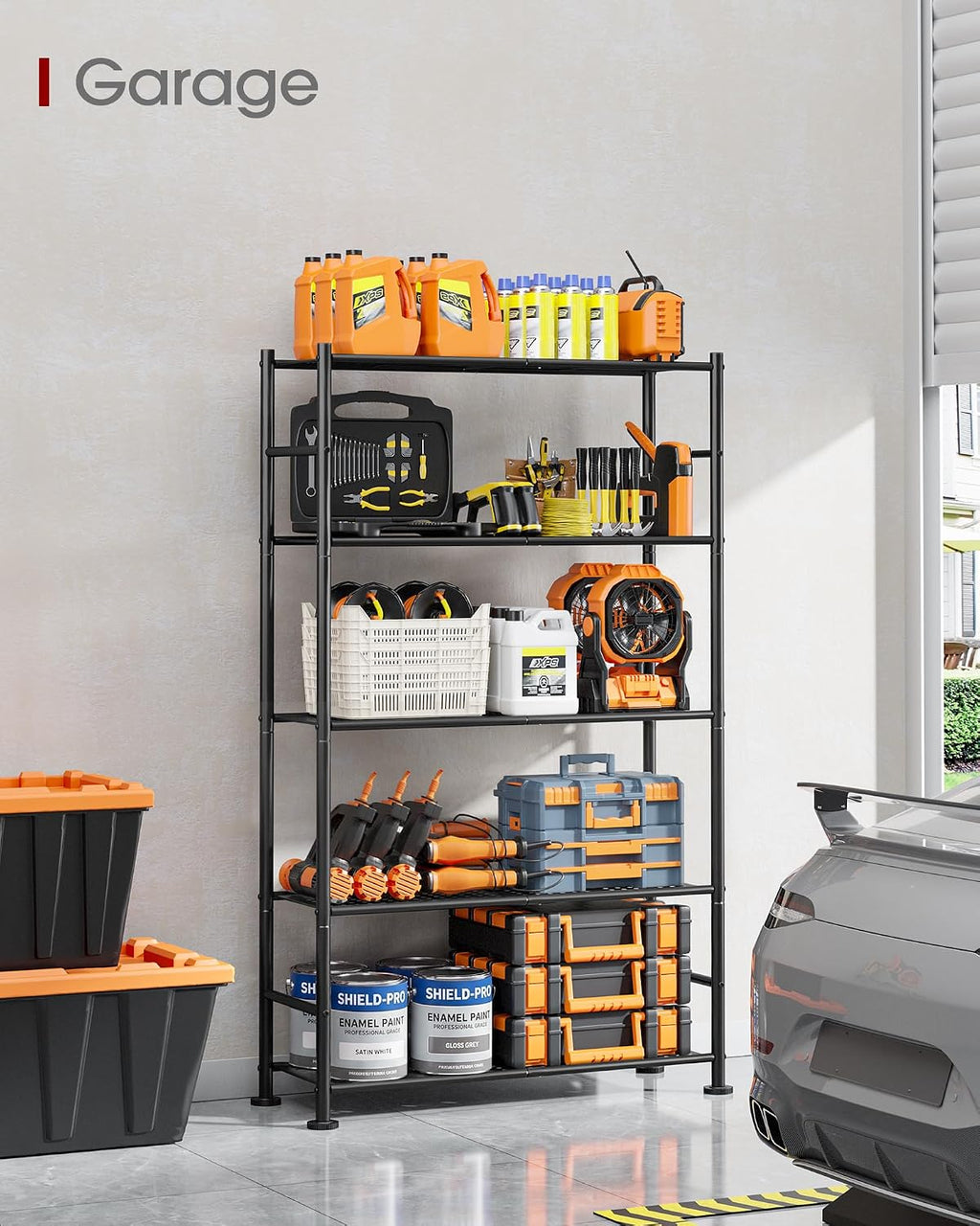 Estantería de garaje de 5 niveles, estantes de almacenamiento de metal resistente, antipunta con patas niveladoras, almacenamiento estable para cocina, despensa y organización de sala de estar