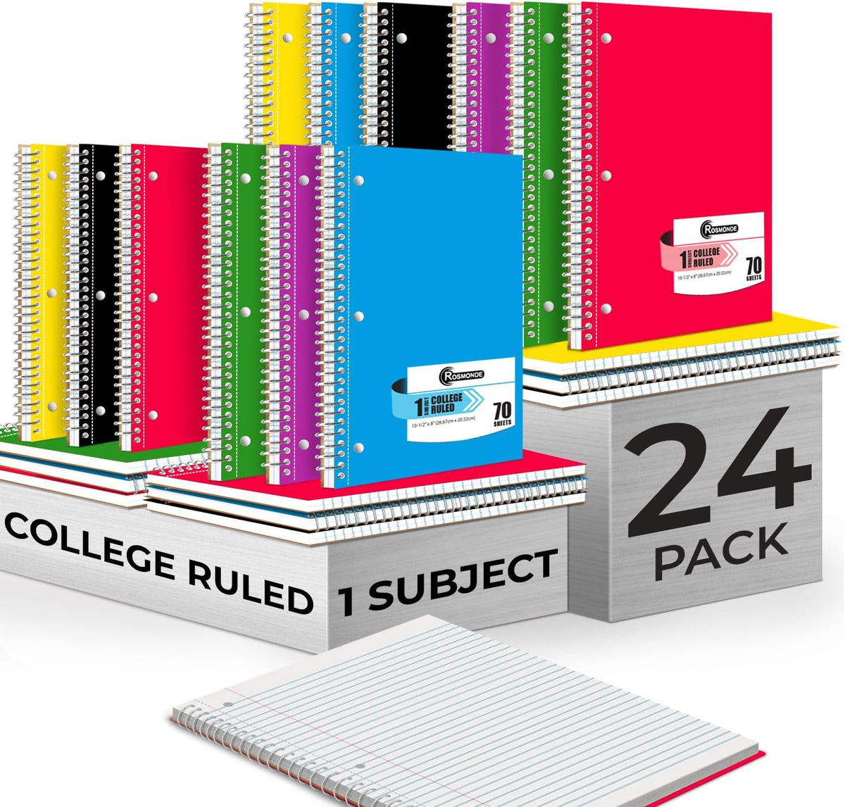 Paquete de 24 cuadernos en espiral granel, 1 materia, rayado