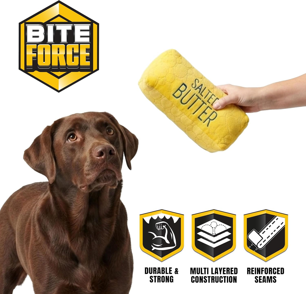 Bite Force Juguete para perros – Mantequilla salada de felpa grande, duradera y fuerte con chirriador, reforzada con Kevlar para masticadores agresivos.