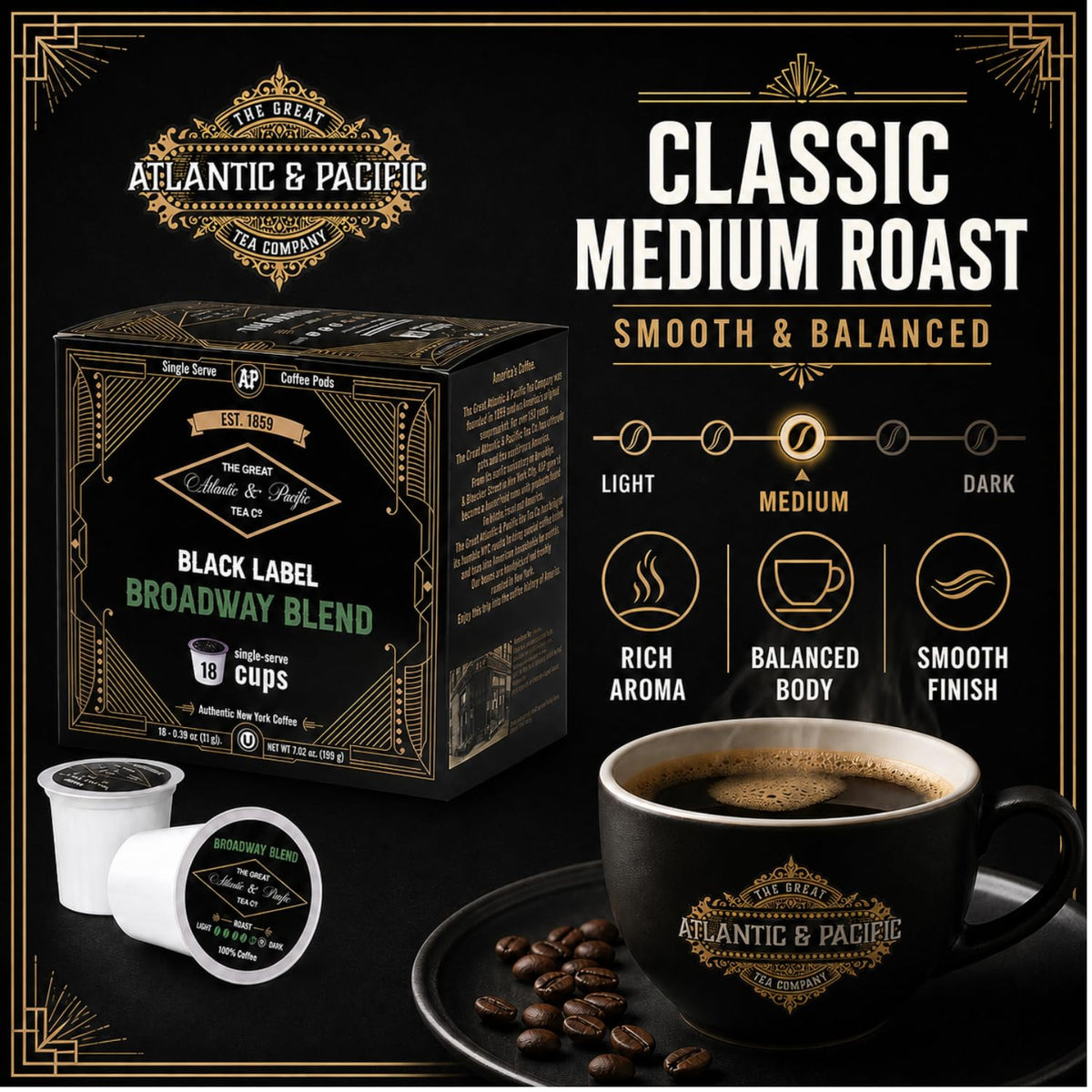 A&P Broadway Blend Cápsulas de café tostado medio, 100% arábica, 72