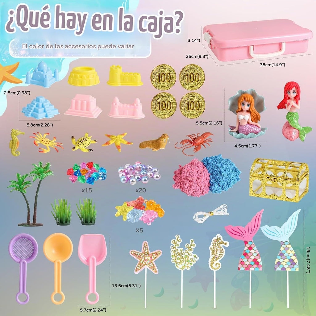 Cubo sensorial de sirena, kit de arena para niñas y niños de 3, 4, 5