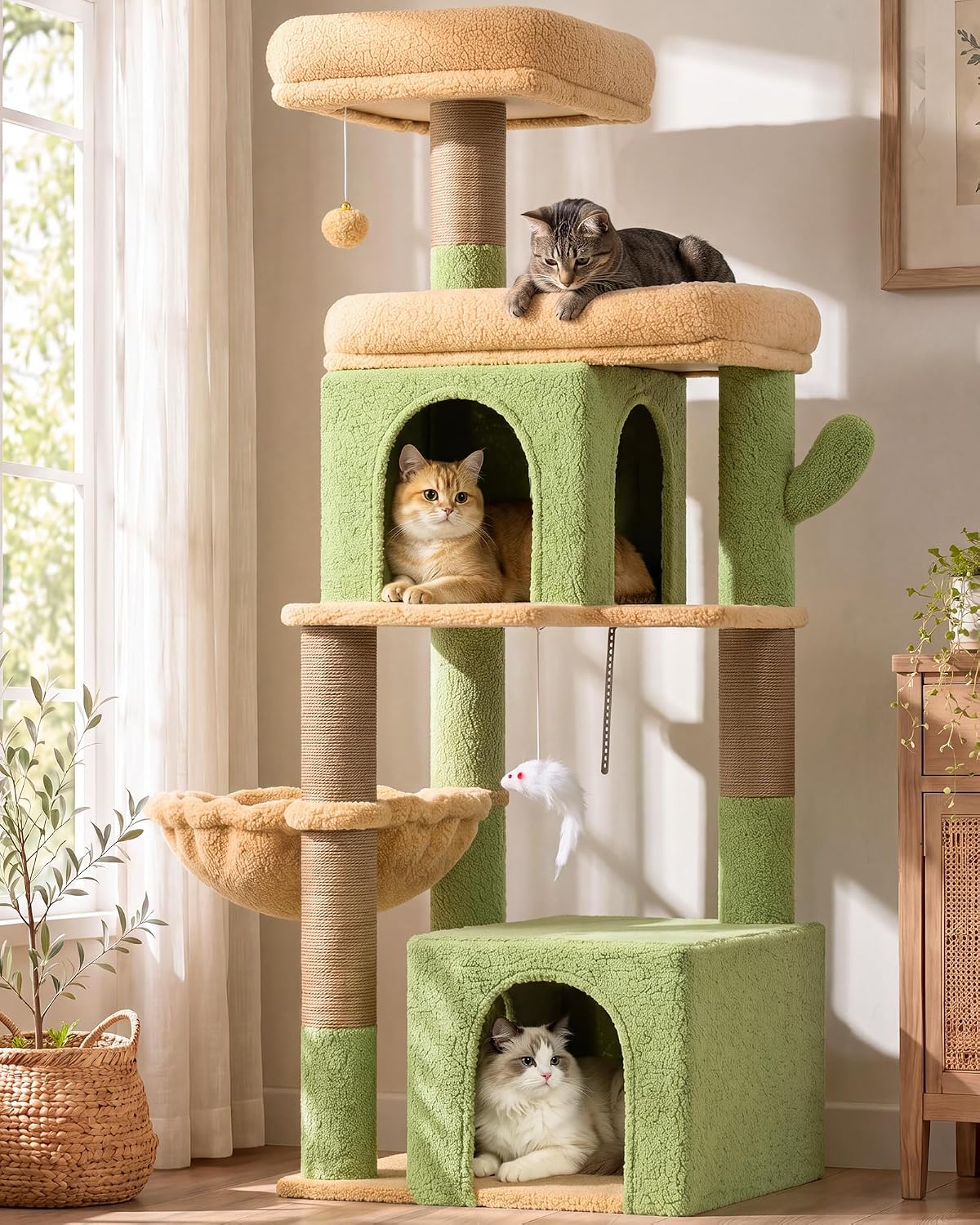 Globlazer Cactus Cat Tree Tower 2 Condo Kitten Scratching Post, F54, Verde