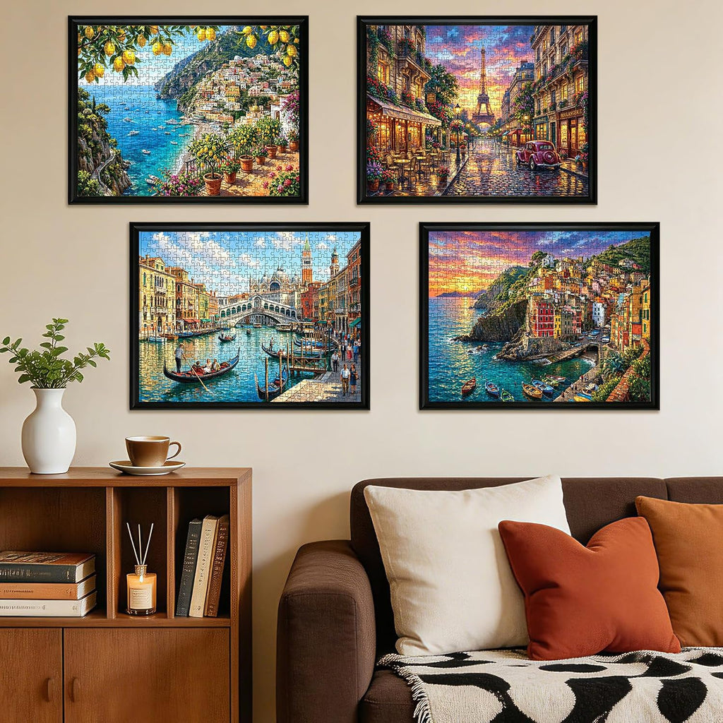 Paquete de 4 rompecabezas de 500 piezas para adultos, rompecabezas de 500 piezas de Italia Cinque Terre Amalfi Coast para adultos, 500 piezas, Torre Eiffel de París, puente de Venecia, Rialto