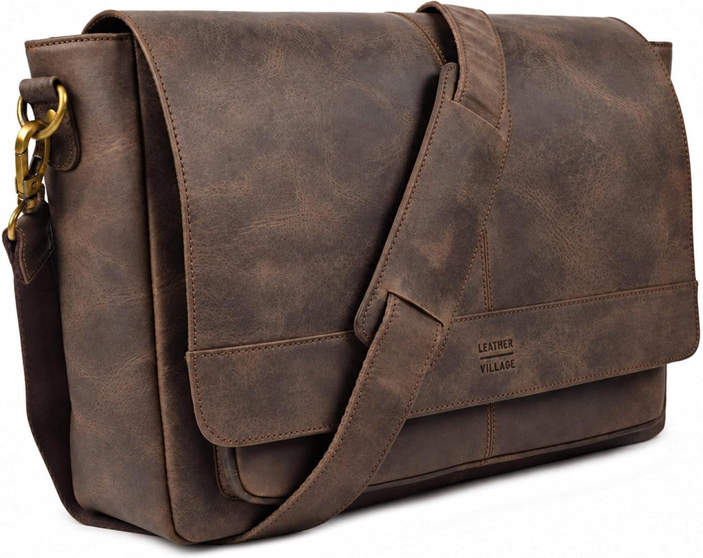 LEATHER VILLAGE Bolso Mensajero de Cuero Vintage–Morral Hecho a Mano de 15.5" para Hombres y Mujeres– Bolso de Hombro para Oficina, Viajes y Uso Diario