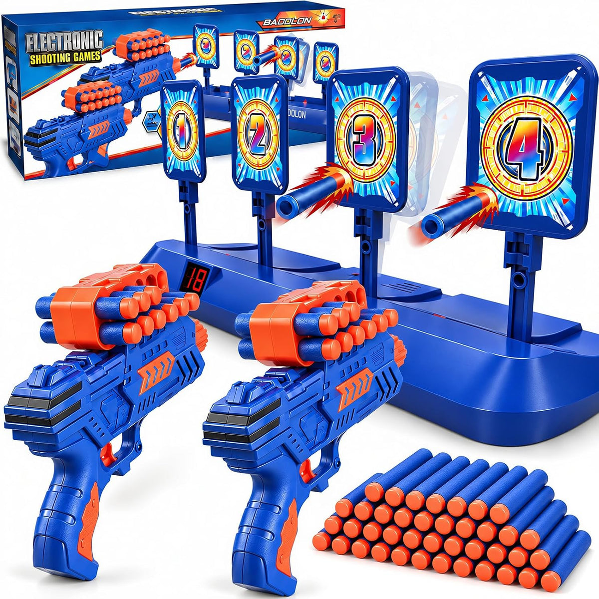 BAODLON Objetivos de disparo digitales con pistola de juguete de dardos de espuma, puntuación electrónica de reinicio automático de 4 objetivos, juguetes de juego de disparos, regalos para niños de 5